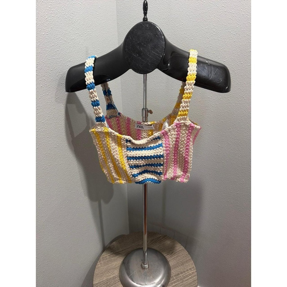 ZARA Striped Knit Cropped Tank Top Small blue Yellow Pink Cream